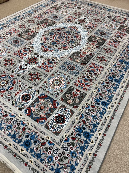 فرش ترک 12 متری کرم آبی طوسی