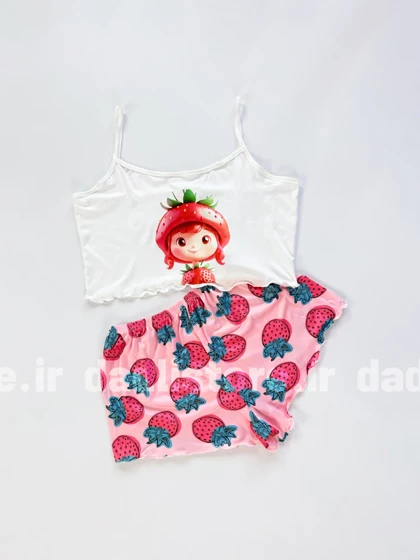 ست لباس خواب تاپ و شورتک نخ پنبه طرح توت فرنگی