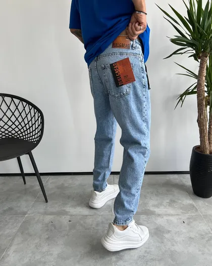 شلوار مام فیت ابی روشن ساده PULL AND BEAR