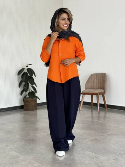 شومیز کتان دگمه چوبی زنانه کد TAINA