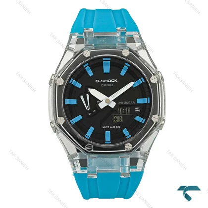 ساعت جیشاک GA2100 مردانه شیشه ای بند آبی آسمانی GShock-7590-G