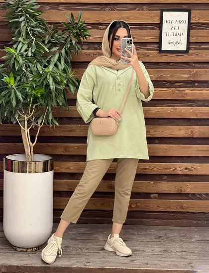 مانتو لینن جلو بسته یقه انگلیسی