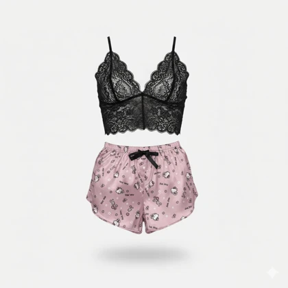 ست نیم‌تنه گیپور و شلوارک طرح کیتی 052