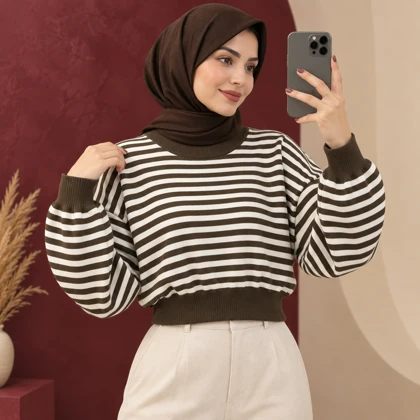 بلوز بافت کراپی راه راه ایلای کد 6066