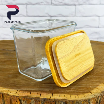 ظرف شیشه ای 920میل درب چوبی لیمون