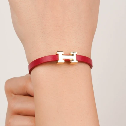 دستبند چرم استیل Hermes رنگ قرمز