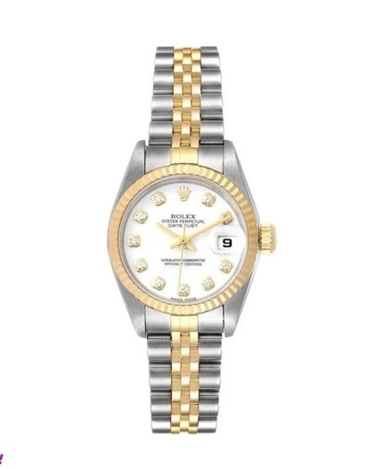 ساعت رولکس دیت جاست زنانه دورنگ طلایی صفحه سفید ایندکس نگین Rolex Datejust