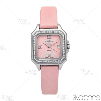 ساعت الکسا اسپشیال A2019 زنانه صفحه صورتی دور نگین بند چرمی 106214