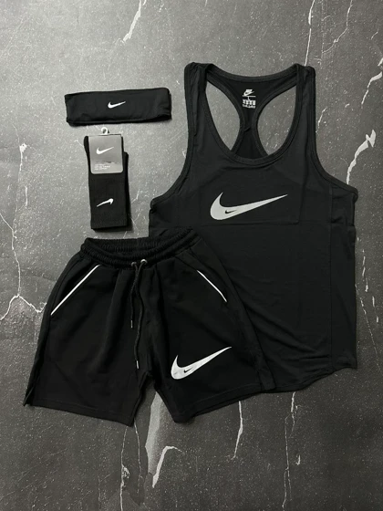 پکیج کد E986 شامل رکابی + شلوارک + جوراب + هدبند با تم تمام مشکی 👌