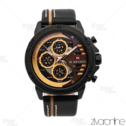 ساعت اورجینال ناوی فورس NaviForce مردانه سه موتوره مشکی رزگلد بند چرم 107046