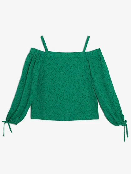 بلوز زنانه کرپ ژرژت طرح دار سرشانه خالی کژوال دلوان