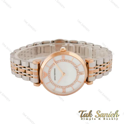 ساعت امپریو آرمانی زنانه دو رنگ رزگلد صفحه سفید نگین‌دار Armani-4403-L