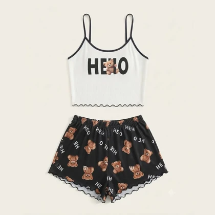 تاپ شورتک نخی خنک کبریتی ریژان طرح hello
