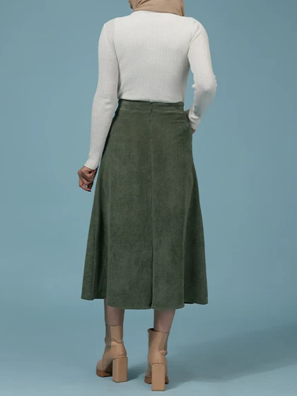 دامن زنانه مخمل کله قندی میدی جیب‌دار 20108