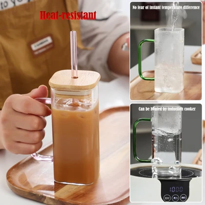 لیوان اسموتی درب چوبی دسته طلایی good morning