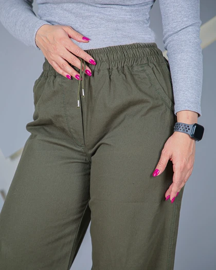 شلوار بسیار خنک کتان کاغذی سبز ارتشی زنانه Olive Green Cotton Paper Pants کمر کش قد 102 سایز 36 تا 52 کد 60400
