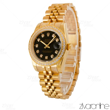 ساعت رولکس دیت جاست زنانه طلایی صفحه مشکی دور نگین 105222
