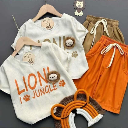 تیشرت شلوارک دخترانه لینن طرح شیر