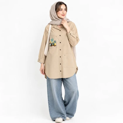 مانتو کتان زنانه طرح کاکتوس گلدوزی