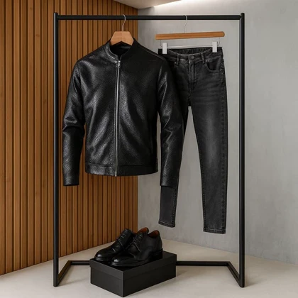 کاپشن چرم طرح پوست مار ساده مردانه مدل Yasan ویژه