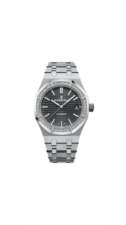 ساعت اودمار پیگه AP دورنگین زنانه نقره ای صفحه مشکی Audemars Piguet Royal Oak Diamonds