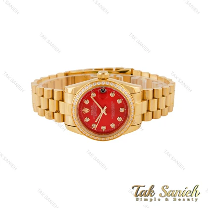 ساعت رولکس زنانه بند پرزیدنت طلایی صفحه قرمز دورنگین Rolex-4962-L