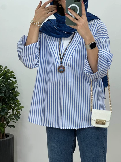 تونیک مانتویی یقه دار راه راه(ایراد دار)