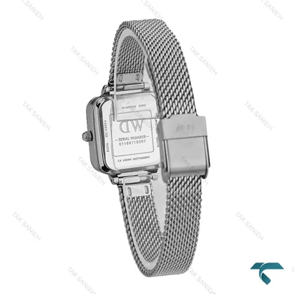 ساعت دنیل زنانه مربعی بند حصیری نقره ای صفحه مشکی DW-7629-L