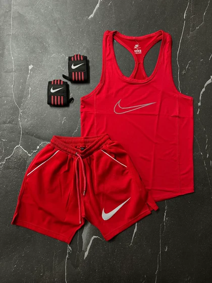 پکیج کد S778 شامل رکابی + شلوارک + مچ‌بند با تم قرمز