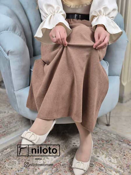 دامن مخمل کبریتی بلند با کمربند (5505)