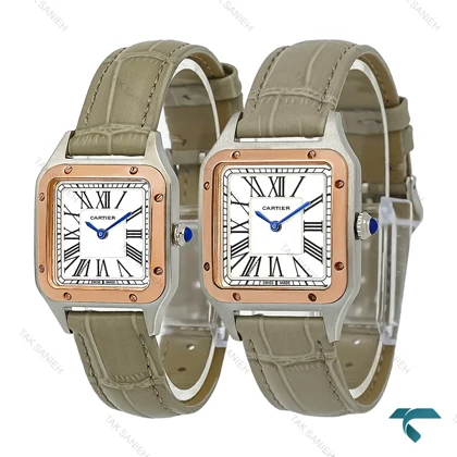 ساعت کارتیه سانتوس دومونت دورنگ رزگلد بند طوسی مدیوم Cartier-7915-G