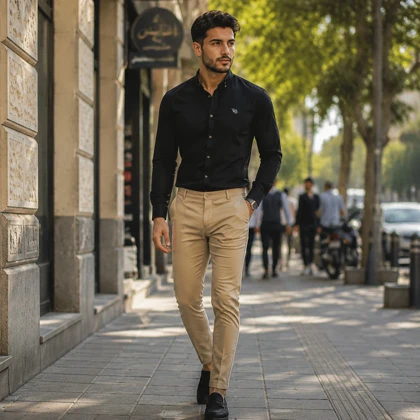 پکیج پیراهن مردانه مشکی مدل VQ + شلوار مردانه خاکی مدل MOBIN