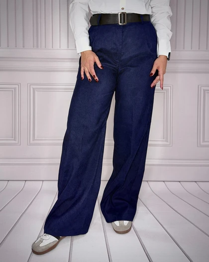 خرید شلوار بگ مخمل کبریتی سرمه ای زنانه Women's Navy Corduroy Baggy Pants قد 107 سایز بندی 40 تا 48 کد 914102