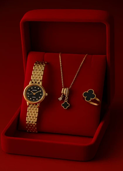 ست زنانه ساعت و گردنبند و انگشتر مدل Van Cleef -طلایی مشکی ویژه