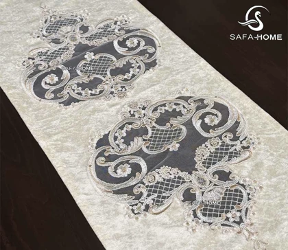 رومیزی 4 تکه مخمل دانتل گل برجسته سلطنتی