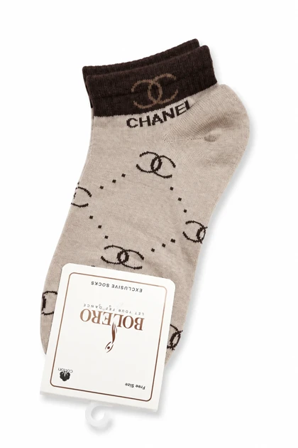 جوراب مچی زنانه پنبه طرح شنل (Chanel) بژ/کرم با لبه شکلاتی