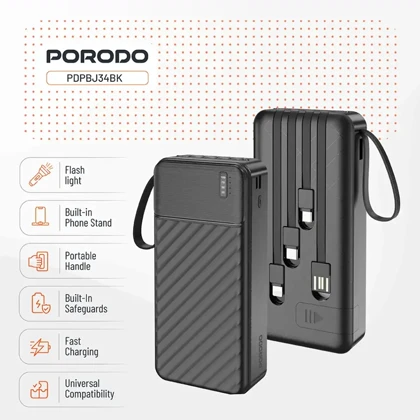 پاور بانک 20000 پورودو Porodo مدل PDPBJ34BK با کابل های داخلی
