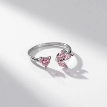 انگشتر فری سایز نقره 925 مدل قلب و گلبرگ با نگین صورتی