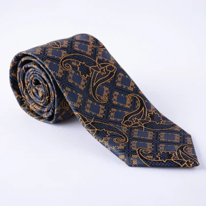 ست کراوات و پوشت جیبی ترمه سورمه ای و زرد 1267