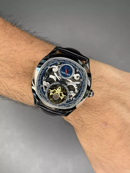 ساعت مچی کارتیه صفحه اسکلتون بند چرمی مشکی Cartier