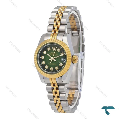 رولکس زنانه دورنگ طلایی صفحه سبز مشکی ایندکس نگین اسمال Rolex-7980-L