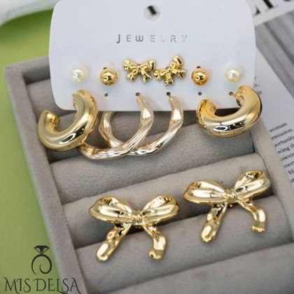 پک گوشواره 6 عددی پاپیون و حلقه‌ای