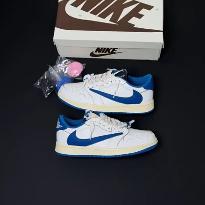 کفش نایک ایر جردن وان لو فرگمنت تراویس اسکات میلیتاری آبی کرم Nike Air Jordan 1 Low Fragment Travis Scott Military Blue Cream