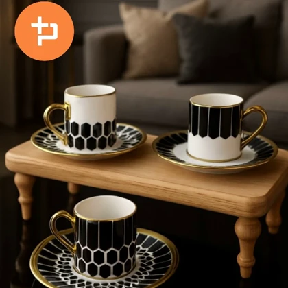 ست قهوه خوری 6نفره سیاه و سفید طرحدار دسته طلایی