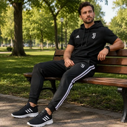 پکیج ست تیشرت کلاهدار و شلوار مردانه مدل Juventus + کفش ورزشی مردانه مدل Alshen