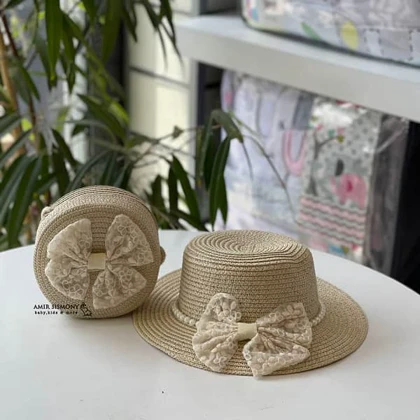 ست کلاه و کیف حصیری پاپیونی مرواریدی