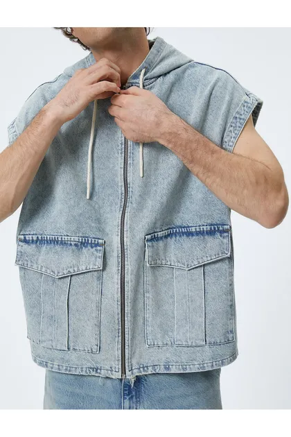 جیب زیپ بدون آستین سرپوش دار کت جین بزرگ با جزئیات 4SAM50027ND