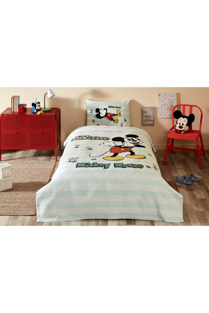 سرویس روتختی یک نفره Özdilek مدل Mickey Mouse Positive پنبه‌ای - نعنایی