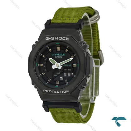 ساعت جیشاک زنانه GM-S2100 مشکی بند برزنت سبز G-Shock-7533-L