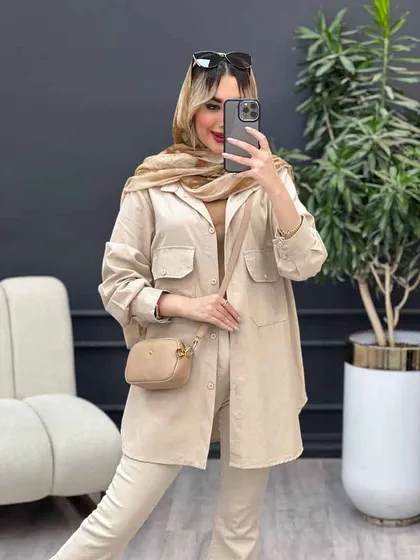 مانتو لینن رنگی دو جیب پاکتی